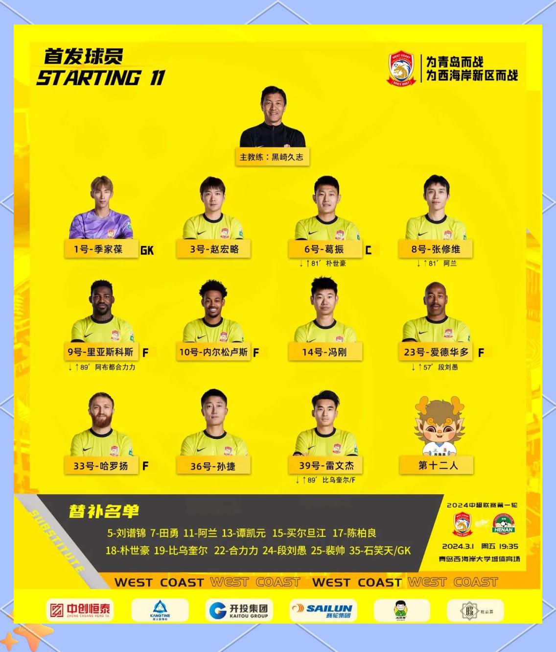 中超-图多列闪击段刘愚扳平三镇1-1西海岸3轮不胜